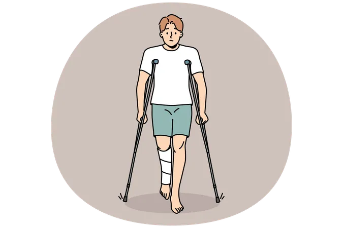 Unhappy young man with leg injury walking on crutches  Illustration