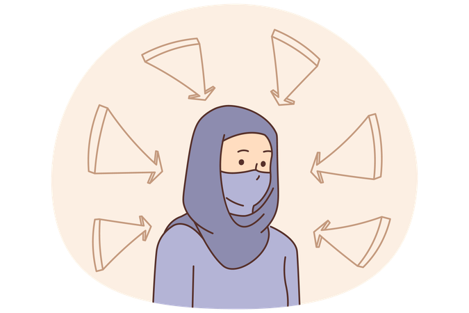 Unhappy young muslim woman in hijab with arrows pointing at her  Illustration