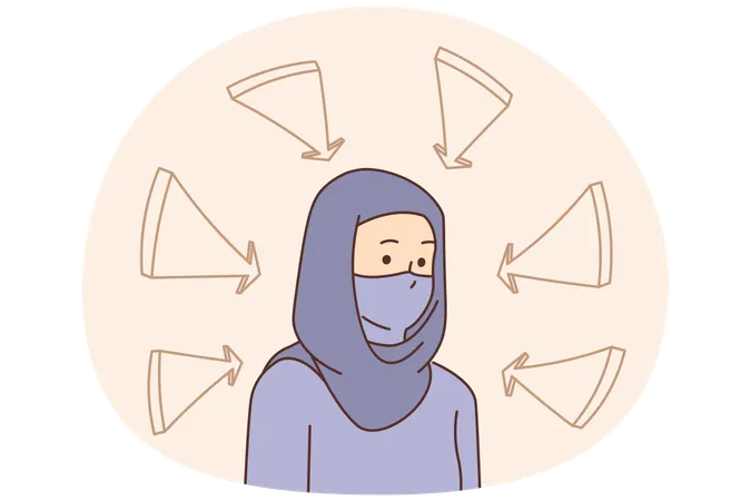 Unhappy young muslim woman in hijab with arrows pointing at her  Illustration