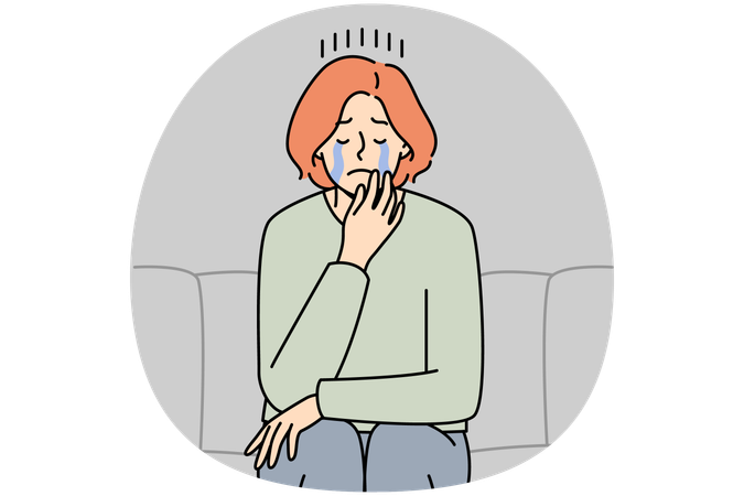 うつ病に苦しみ、ソファに座って泣いている不幸な若い女性  イラスト