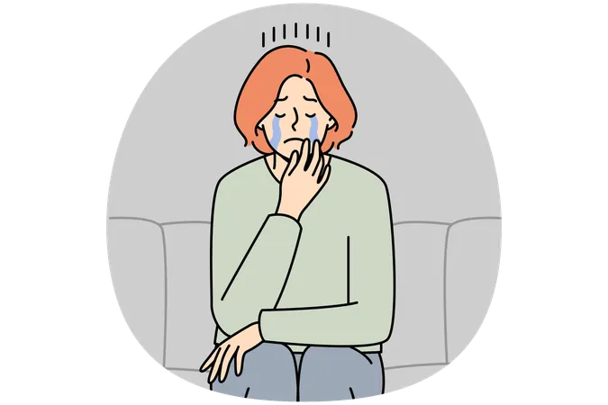 うつ病に苦しみ、ソファに座って泣いている不幸な若い女性  イラスト