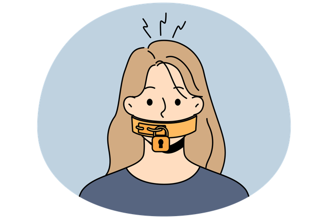 Unhappy young woman with lock on mouth suffer from censorship and communication ban  Illustration