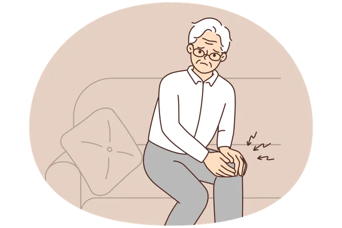 Unhealthy elderly man sit on couch suffer from knee pain  Illustration