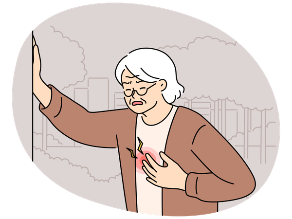 Unhealthy elderly woman touch chest suffer from heart attack  Illustration