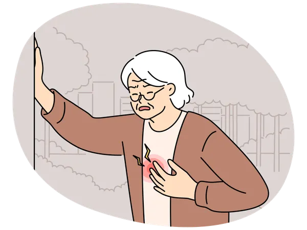 Unhealthy elderly woman touch chest suffer from heart attack  Illustration