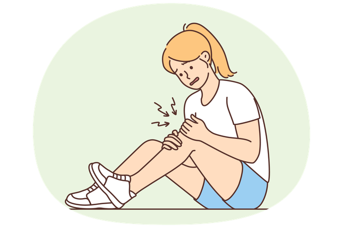 Unhealthy girl sit on ground suffer from knee pain  Illustration