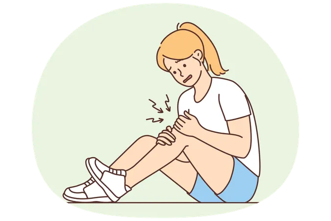 Unhealthy girl sit on ground suffer from knee pain  Illustration