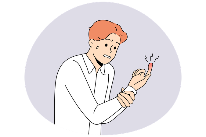 不健康な男が指の外傷を見る  イラスト
