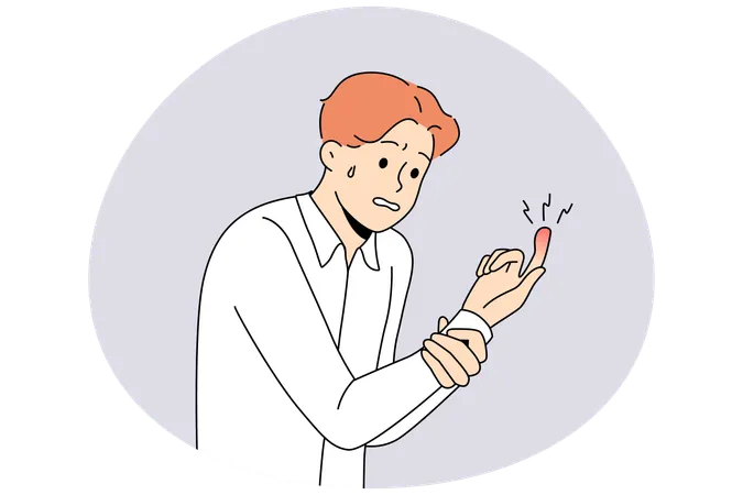 不健康な男が指の外傷を見る  イラスト