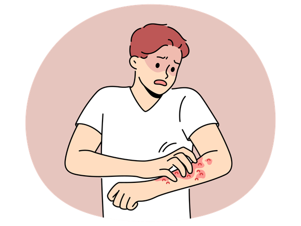 Unhealthy man scratch redness on arms  Illustration