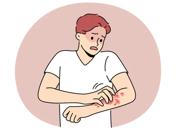 Unhealthy man scratch redness on arms  Illustration
