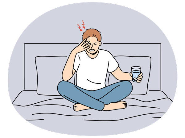 Unhealthy man sit on bed suffer from headache  Illustration