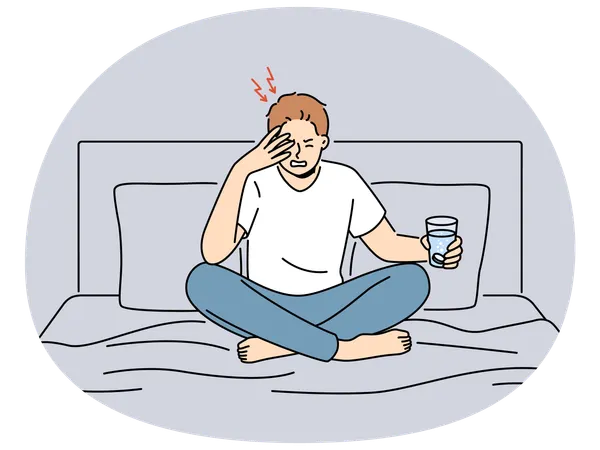 Unhealthy man sit on bed suffer from headache  Illustration