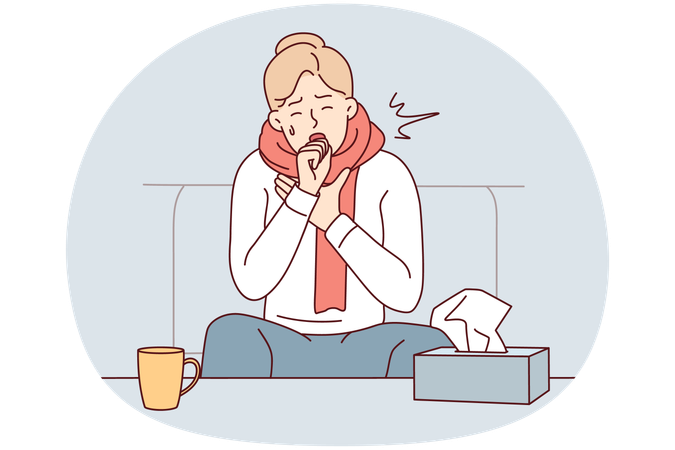 Unhealthy man suffer from fever at home  Illustration