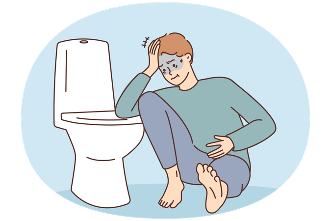 Unhealthy man suffer from intoxication near toilet  Illustration