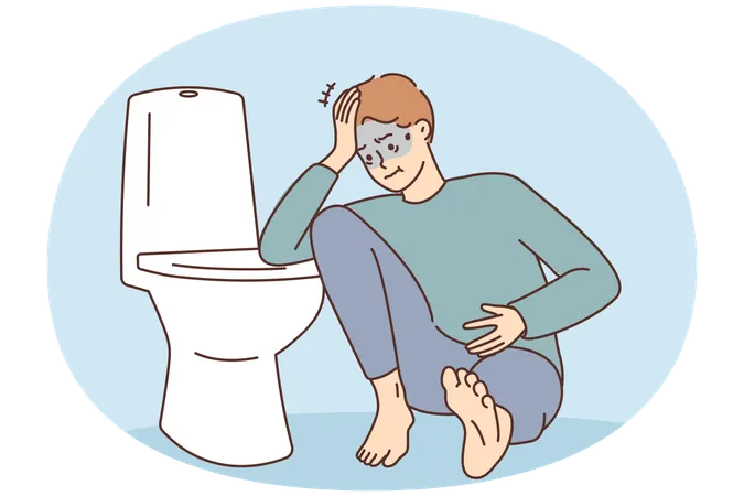 Unhealthy man suffer from intoxication near toilet  Illustration
