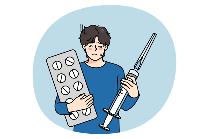 Unhealthy man with pills and syringe get treatment  Illustration