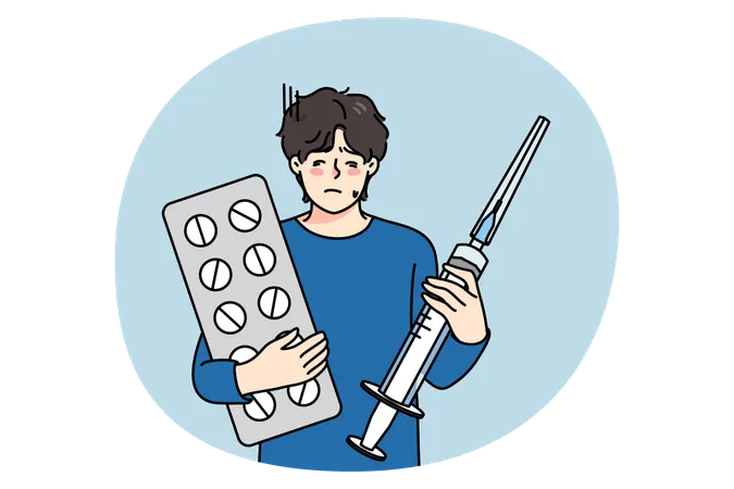 Unhealthy man with pills and syringe get treatment  Illustration
