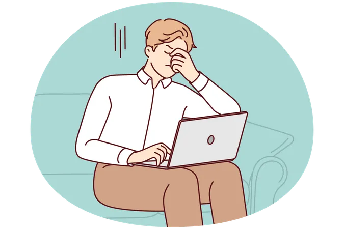 Unhealthy man work on laptop suffer from headache  Illustration