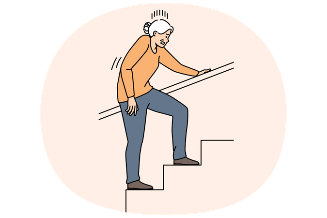 Unhealthy mature woman suffer walking upstairs  Illustration