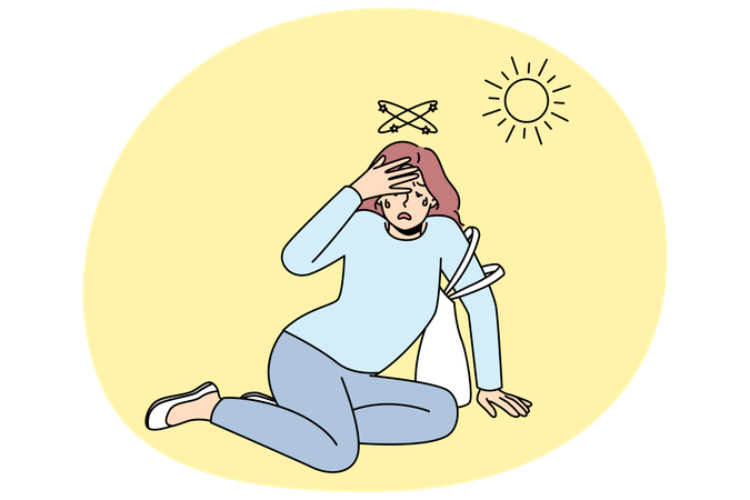 Unhealthy woman fall on ground suffer from heatstroke from hot weather outside  Illustration