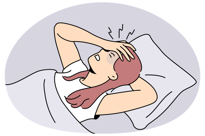 Unhealthy woman lying in bed suffering from migraine  Illustration