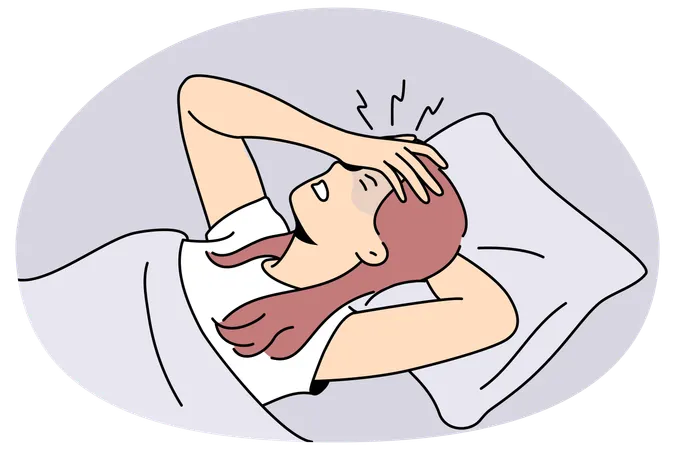 Unhealthy woman lying in bed suffering from migraine  Illustration