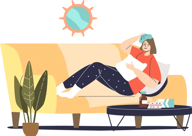 Unhealthy woman lying on couch at home  Illustration