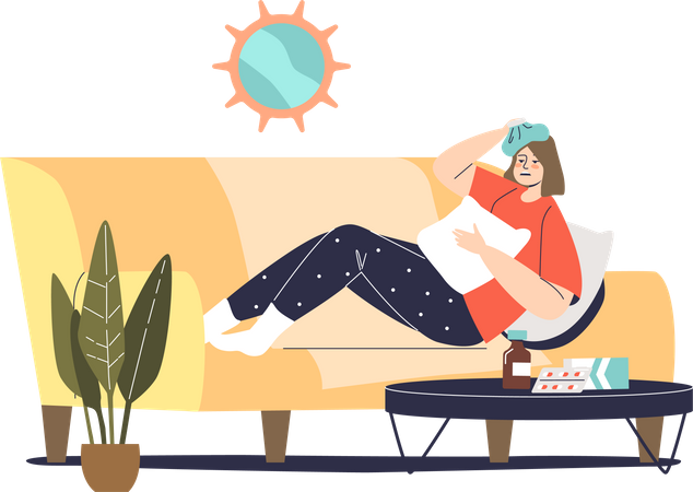 Unhealthy woman lying on couch at home  Illustration