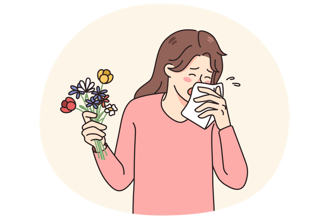 Unhealthy woman sneeze feeling allergic to flowers  Illustration