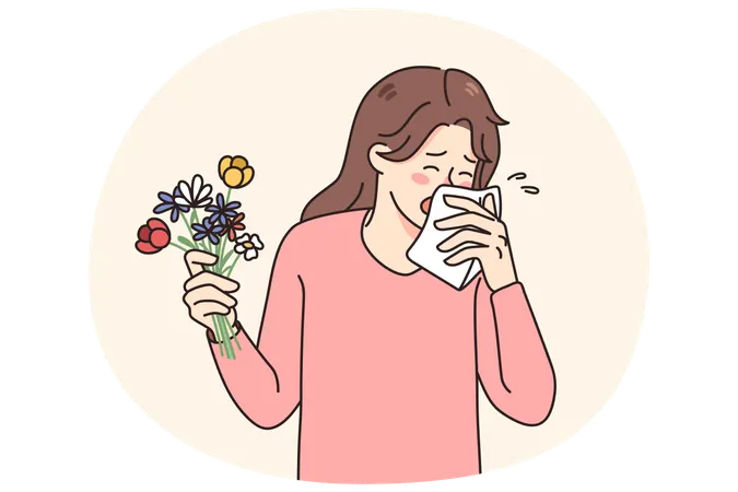Unhealthy woman sneeze feeling allergic to flowers  Illustration