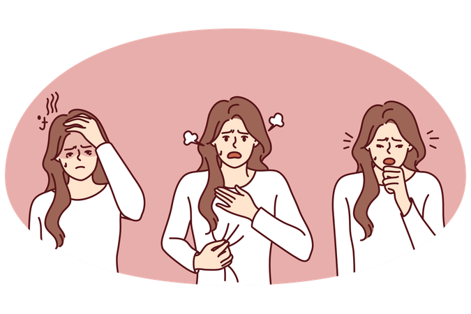 不健康な女性がコロナ症状に苦しむ  イラスト