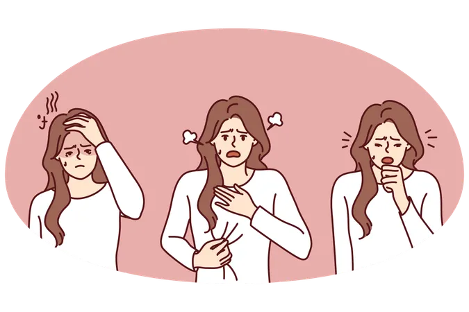 不健康な女性がコロナ症状に苦しむ  イラスト