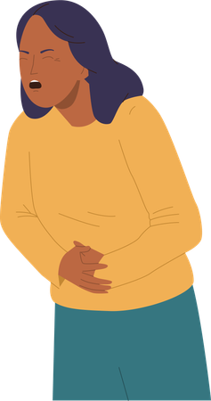 Unhealthy woman suffering from strong stomach ache holding hands on belly  イラスト