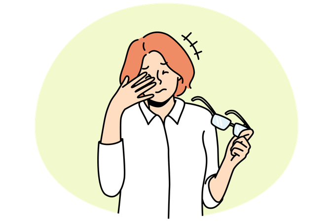 Unhealthy woman take off glasses suffer from headache  Illustration