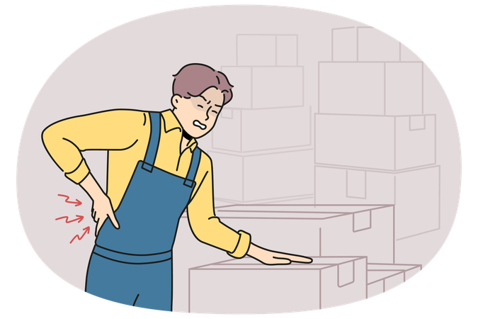 Unhealthy worker suffer from backache working in warehouse  Illustration