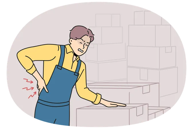 Unhealthy worker suffer from backache working in warehouse  Illustration