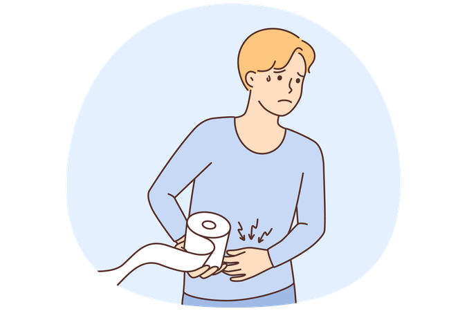 Unhealthy young man suffer from stomachache go to toilet with paper roll  Illustration