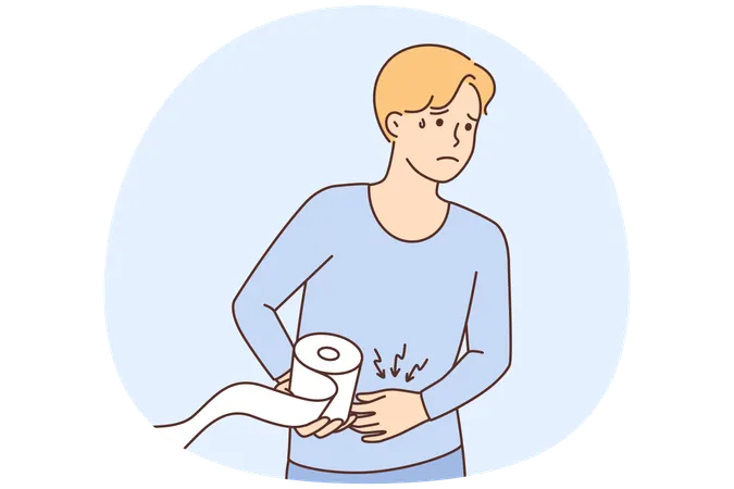 Unhealthy young man suffer from stomachache go to toilet with paper roll  Illustration
