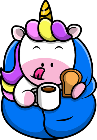 Unicorn is drinking coffee with bread  Illustration