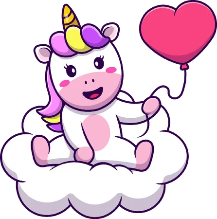 Unicorn is holding heart love balloon on cloud  Illustration