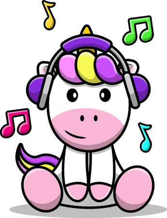 Unicorn is listening music with headphone  Illustration