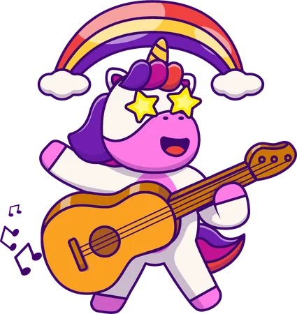 Unicorn Rainbow Playing Acoustic Guitar  Illustration