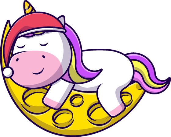 Unicorn Sleeping On Moon Wearing Beanie Hat  Illustration