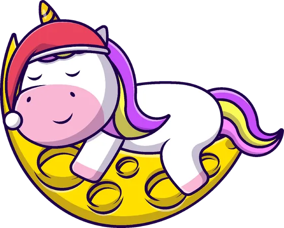 Unicorn Sleeping On Moon Wearing Beanie Hat  Illustration
