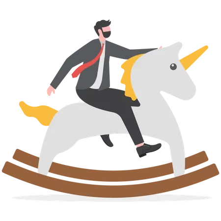 Unicorn Start Up Winner Creative Idea To Earn Money And Make Profit In Real Life Concept Smart Success Businessman Company Founder Or Billionaire Investor Riding Unicorn Rocking Horse Into The Sky Illustration