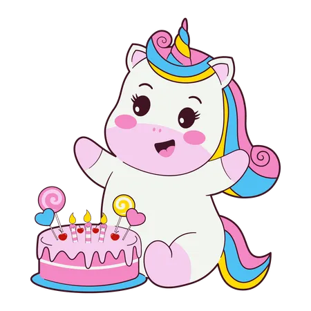 Unicorn With Birthday Cake  Illustration