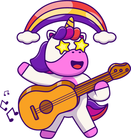 Unicornio Arcoiris Tocando La Guitarra Acústica  Ilustración