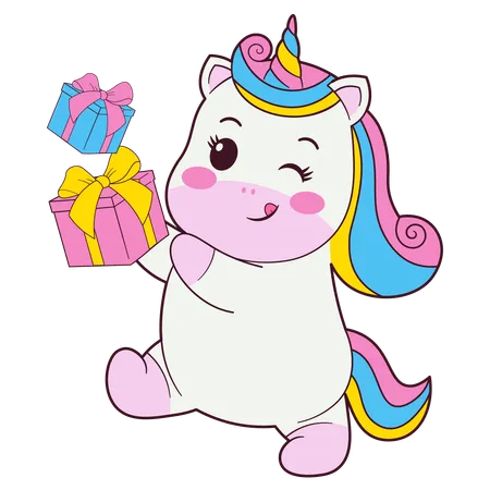 Unicornio con caja de regalo  Ilustración