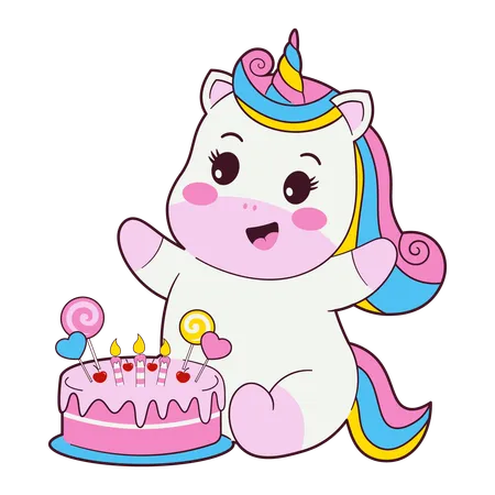 Unicornio con pastel de cumpleaños  Ilustración